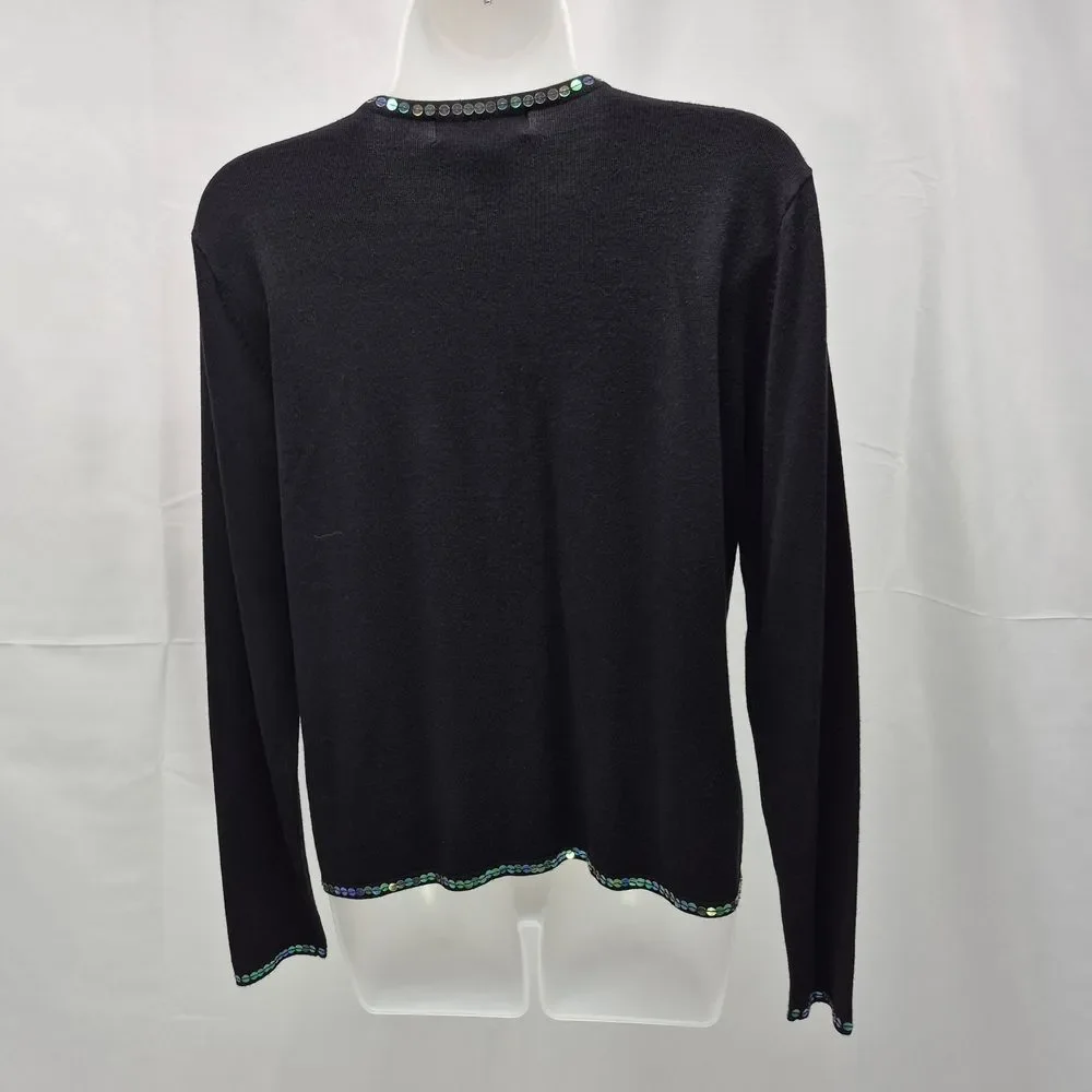 Dress Barn Black Sequin Cardigan Sweater Large Metallic Iridescent Button Up - Picture 3 of 12